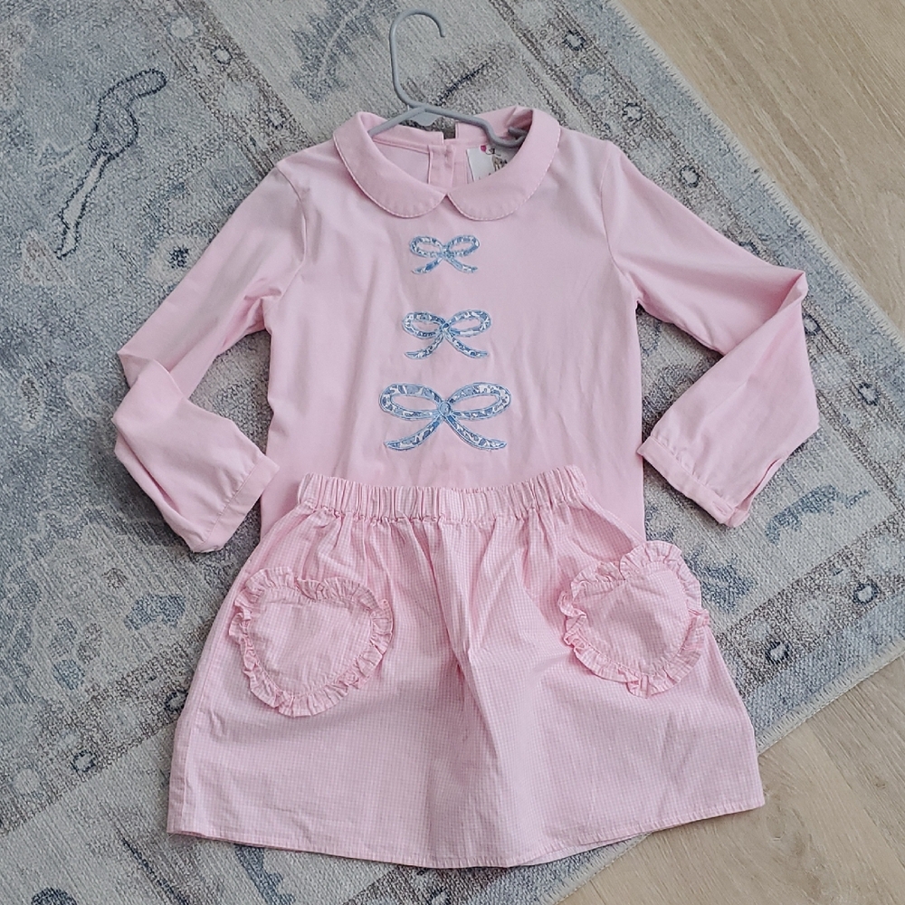 Eliza James Girls Matching Set Applique Bows Shirt and Skirt Sz6